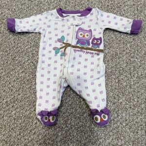 Babies R Us Size Newborn Owl Footed Pajamas Mommy Loves Me Purple White